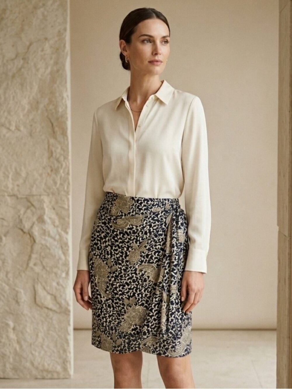 Vintage Escada Silk Floral Faux Wrap Skirt Size 38 = US 6 Small Medium 90s